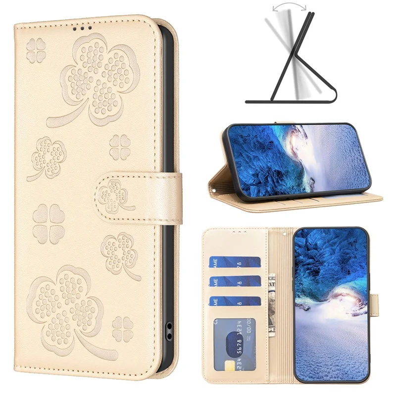 For Honor X7b 4G / 90 Smart Wallet Leather Case Clover Pattern Flip Phone Cover - Gold