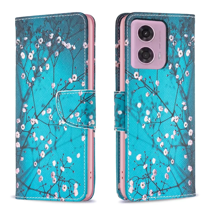For Motorola Moto E14 4G / G04 4G / G04s 4G / G24 4G Wallet Phone Case Pattern Design Magnetic Folio Cover - Plum Blossom