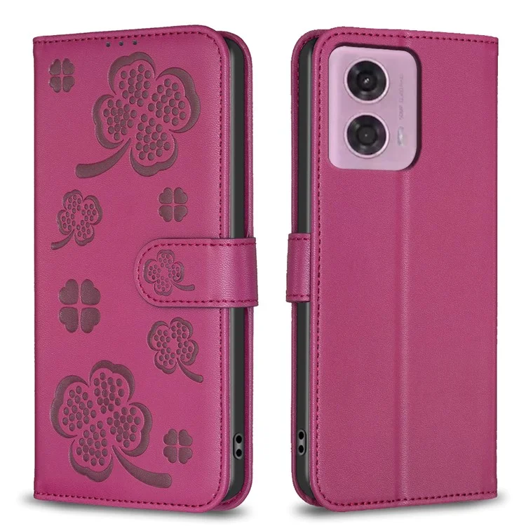 Para Motorola Moto E14 4G / G04 4G / G04s 4G / G24 4G Clover Pattern Leather Case Phone Wallet Stand - Rose