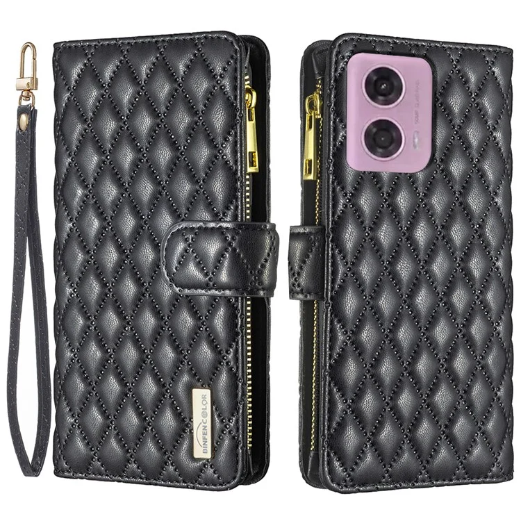 BINFEN COLOR BF Style-15 For Motorola Moto G24 4G / G04 4G PU Leather Phone Case Magnetic Closure Zipper Pocket - Black