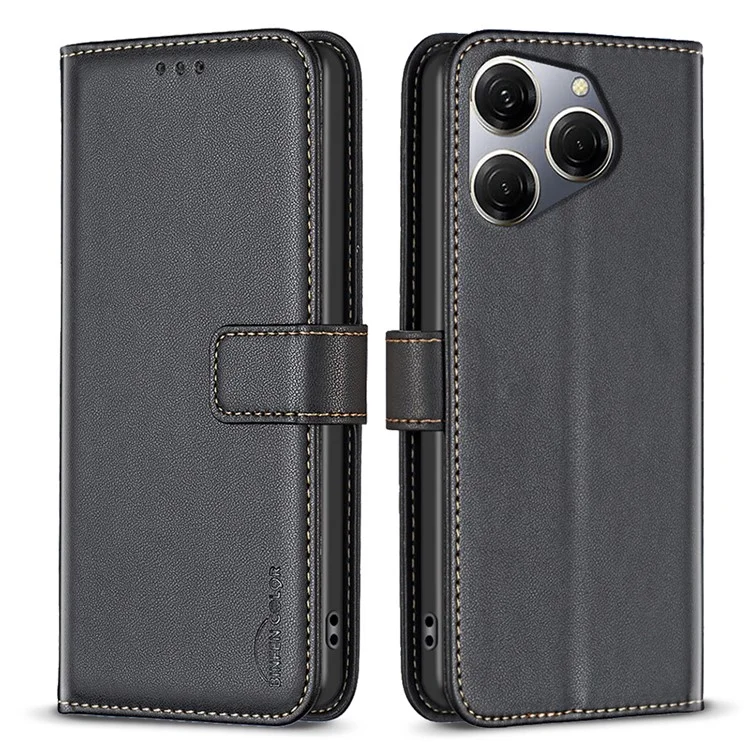 BINFEN COLOR BF17 For TECNO Spark 20 Pro PU Leather Case Phone Wallet Cover - Black