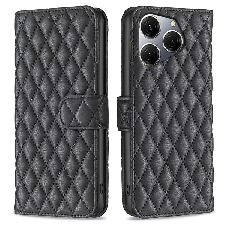 BINFEN COLOR BF Style-14 For TECNO Spark 20 Pro Leather Wallet Case Rhombus Grid Pattern - Black