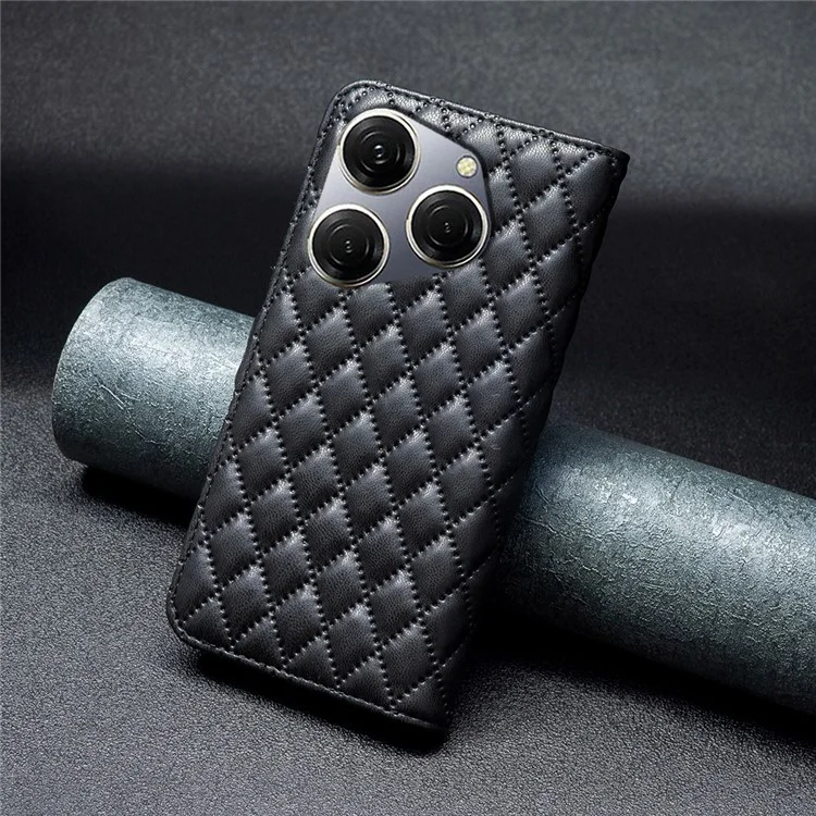 BINFEN COLOR BF Style-14 For TECNO Spark 20 Pro Leather Wallet Case Rhombus Grid Pattern - Black