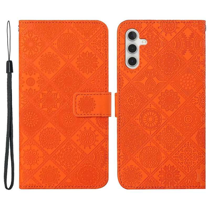 For Samsung Galaxy A35 5G Cell Phone Case Imprinted Ethnic Flower Leather Wallet Stand Cover - Orange