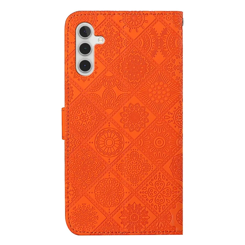 For Samsung Galaxy A35 5G Cell Phone Case Imprinted Ethnic Flower Leather Wallet Stand Cover - Orange