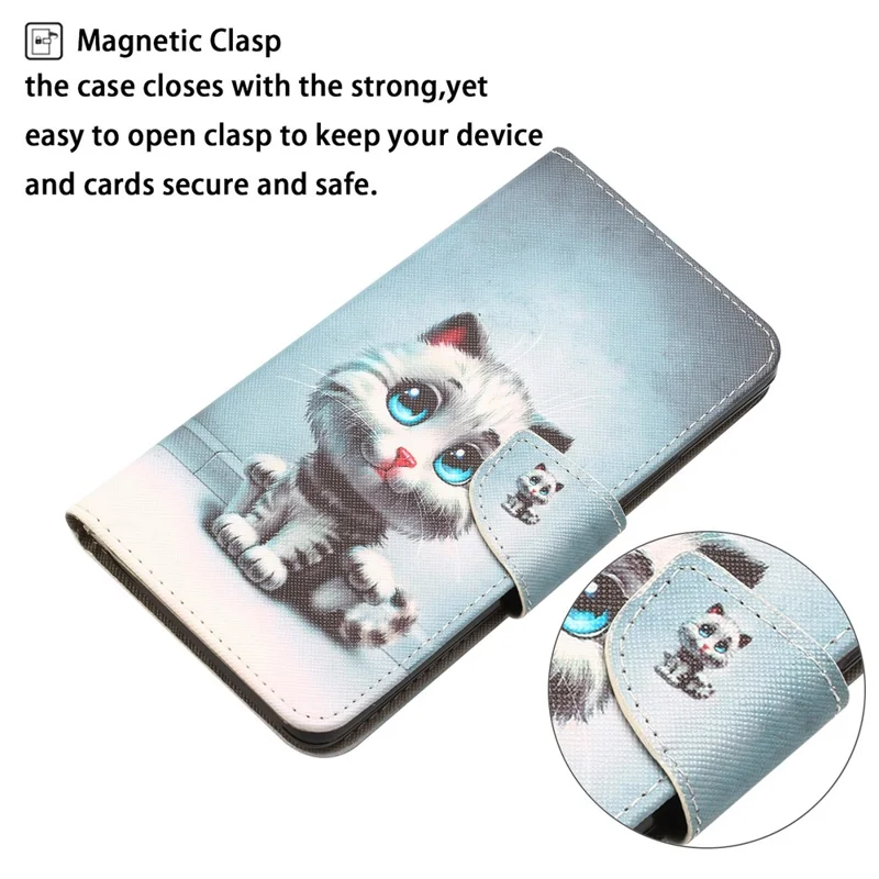 For Samsung Galaxy A55 5G Magnetic Phone Case Pattern Printing Stand Leather Cover - Blue Eyes Cat