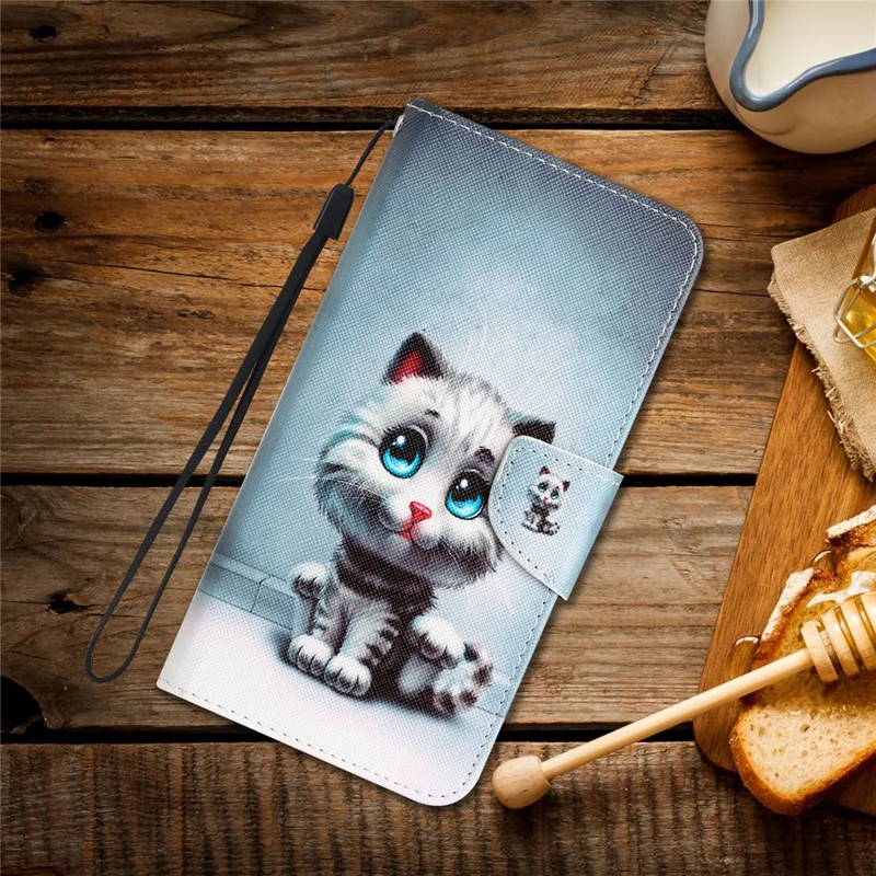 For Samsung Galaxy A55 5G Magnetic Phone Case Pattern Printing Stand Leather Cover - Blue Eyes Cat