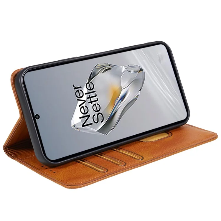 For OnePlus 12R 5G / Ace 3 5G Case PU Leather Calf Texture Business Style Magnetic Card Slot Phone Cover - Khaki
