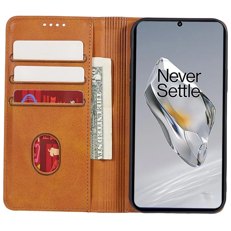 For OnePlus 12R 5G / Ace 3 5G Case PU Leather Calf Texture Business Style Magnetic Card Slot Phone Cover - Khaki