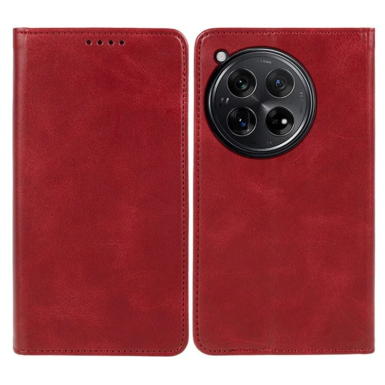 For OnePlus 12R 5G / Ace 3 5G Case PU Leather Calf Texture Business Style Magnetic Card Slot Phone Cover - Red