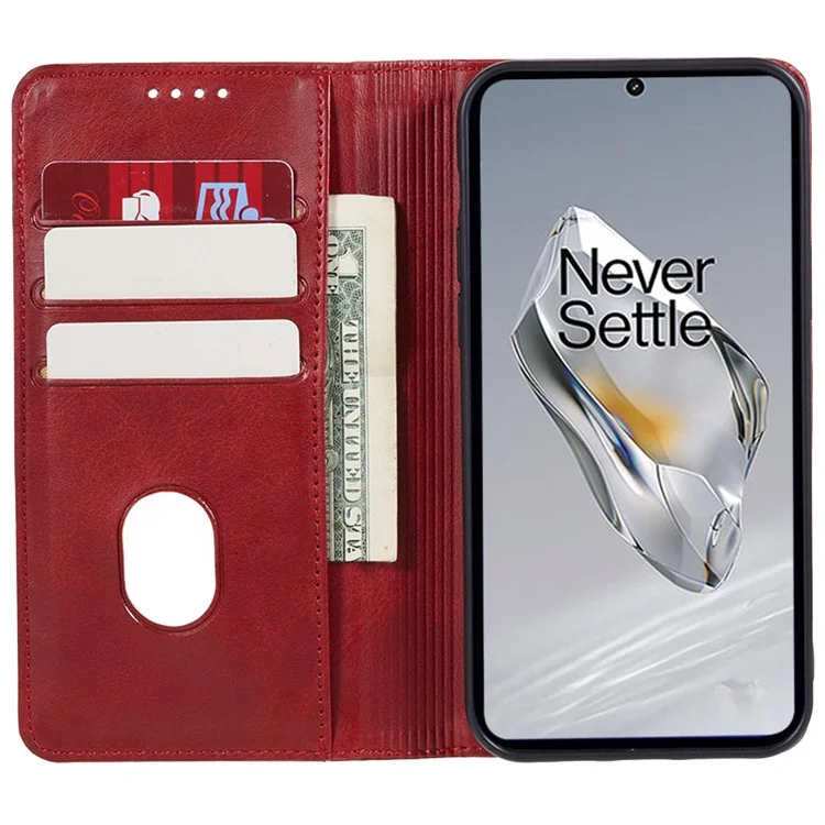For OnePlus 12R 5G / Ace 3 5G Case PU Leather Calf Texture Business Style Magnetic Card Slot Phone Cover - Red