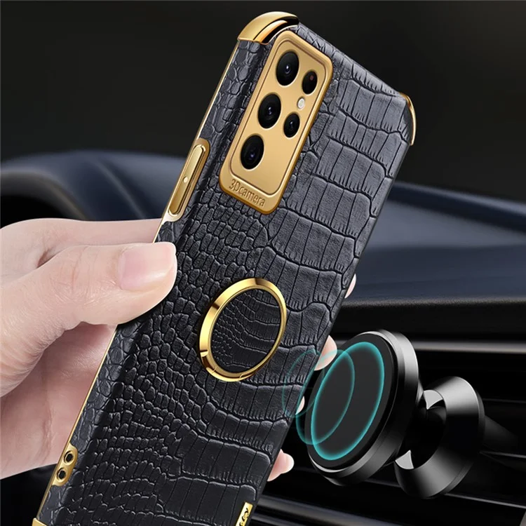 For Samsung Galaxy S24 Ultra Cell Phone Case Crocodile Texture Ring Kickstand Leather+TPU Cover - Black