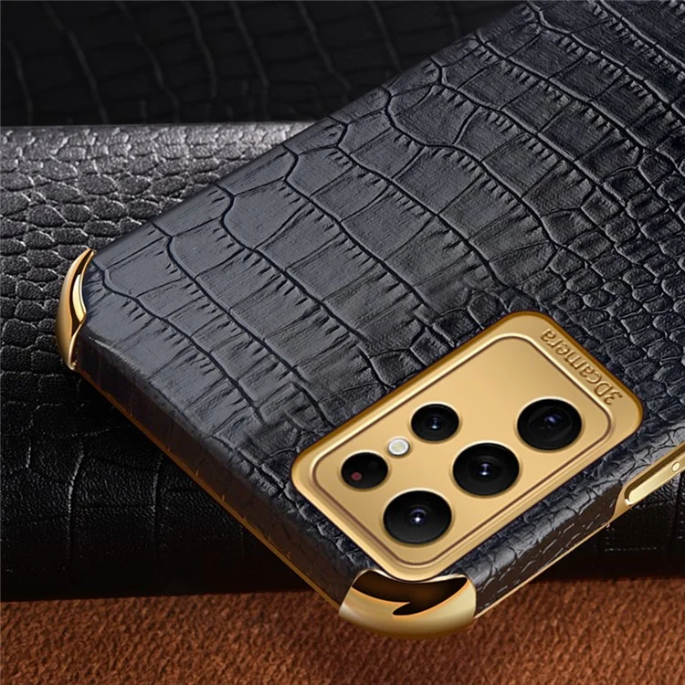 For Samsung Galaxy S24 Ultra Cell Phone Case Crocodile Texture Ring Kickstand Leather+TPU Cover - Black
