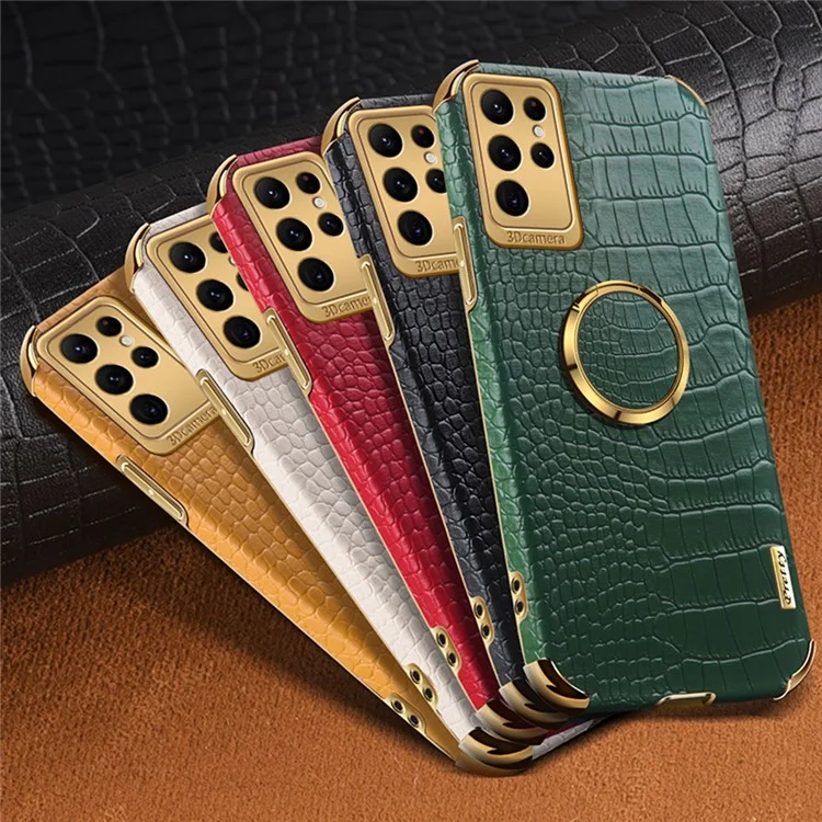 For Samsung Galaxy S24 Ultra Cell Phone Case Crocodile Texture Ring Kickstand Leather+TPU Cover - Black