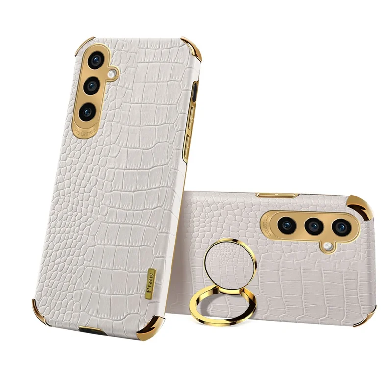 For Samsung Galaxy S24+ Cell Phone Case Crocodile Texture Leather+TPU Back Cover with Ring Kickstand - White