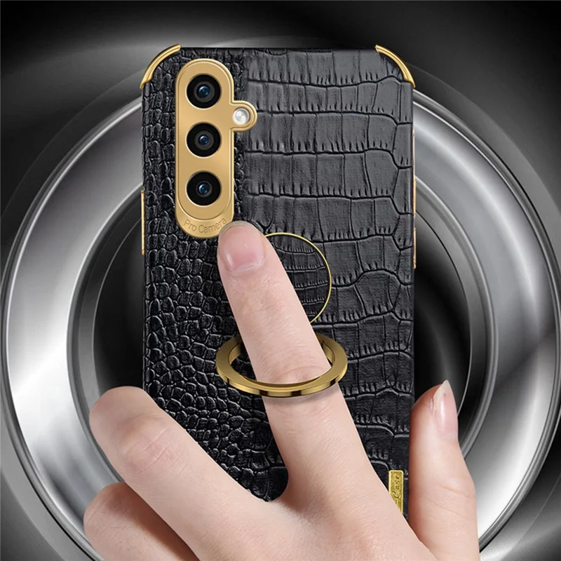 For Samsung Galaxy S24+ Cell Phone Case Crocodile Texture Leather+TPU Back Cover with Ring Kickstand - White