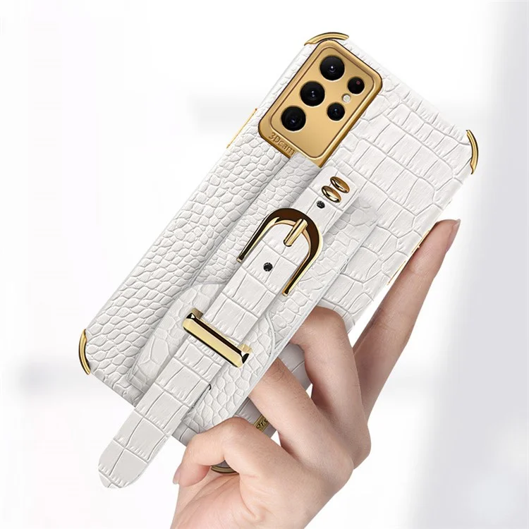 For Samsung Galaxy S24 Ultra Cell Phone Case Electroplating Leather+TPU Cover with Wristband - White