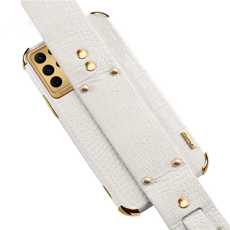 For Samsung Galaxy S24 Ultra Cell Phone Case Electroplating Leather+TPU Cover with Wristband - White