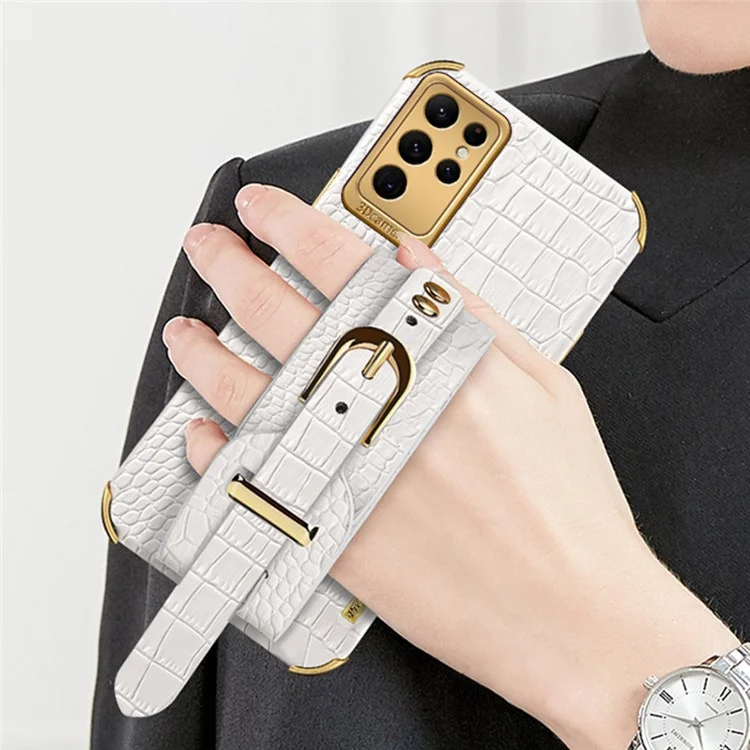 For Samsung Galaxy S24 Ultra Cell Phone Case Electroplating Leather+TPU Cover with Wristband - White