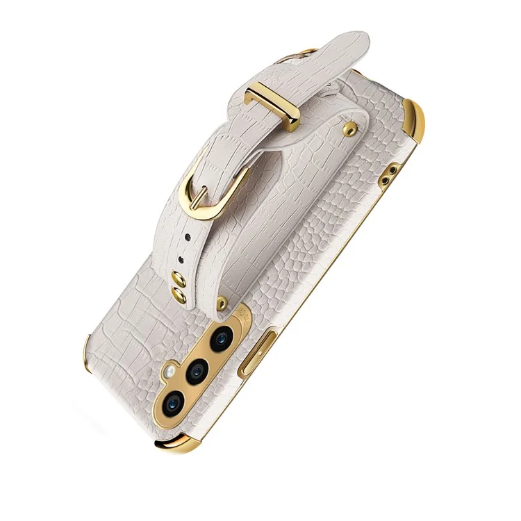 For Samsung Galaxy S24 Cell Phone Case Wristband Design 6D Electroplating Crocodile Texture Back Cover - Yellow