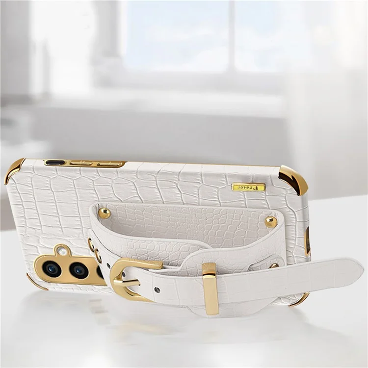For Samsung Galaxy S24 Cell Phone Case Wristband Design 6D Electroplating Crocodile Texture Back Cover - Yellow