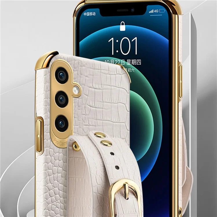 For Samsung Galaxy S24 Cell Phone Case Wristband Design 6D Electroplating Crocodile Texture Back Cover - Yellow