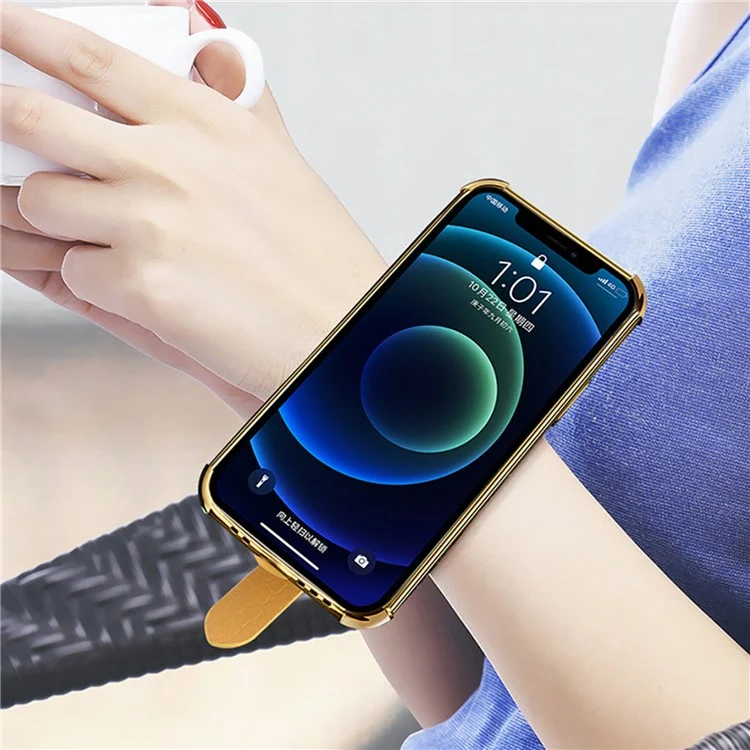For Samsung Galaxy S24 Cell Phone Case Wristband Design 6D Electroplating Crocodile Texture Back Cover - Yellow