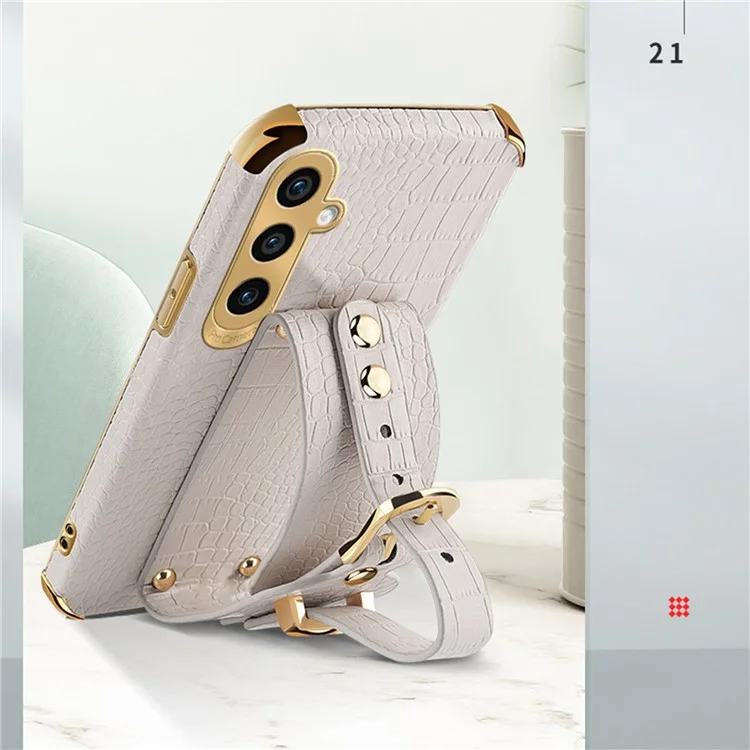 For Samsung Galaxy S24 Cell Phone Case Wristband Design 6D Electroplating Crocodile Texture Back Cover - Yellow
