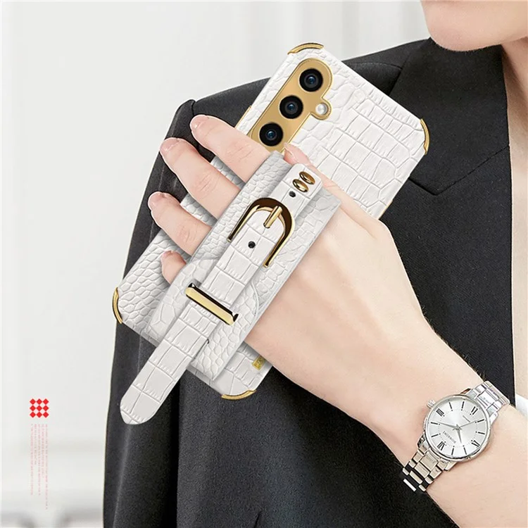 For Samsung Galaxy S24 Cell Phone Case Wristband Design 6D Electroplating Crocodile Texture Back Cover - Yellow