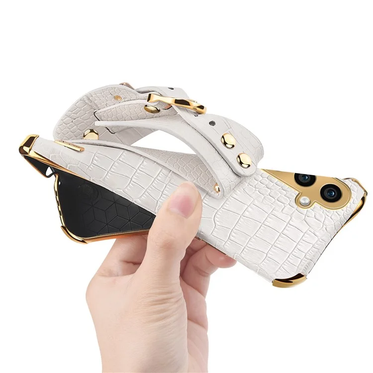 For Samsung Galaxy S24 Cell Phone Case Wristband Design 6D Electroplating Crocodile Texture Back Cover - Yellow