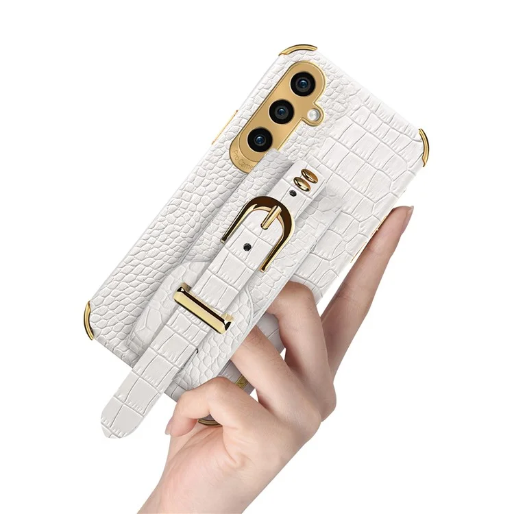For Samsung Galaxy S24 Cell Phone Case Wristband Design 6D Electroplating Crocodile Texture Back Cover - Yellow