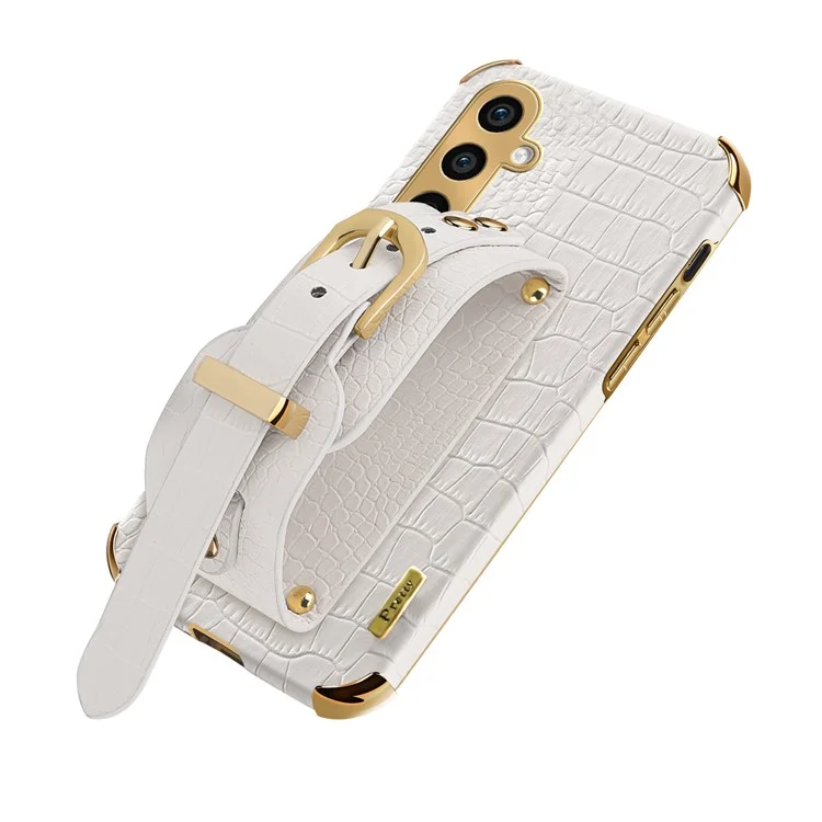 For Samsung Galaxy S24 Cell Phone Case Wristband Design 6D Electroplating Crocodile Texture Back Cover - Yellow