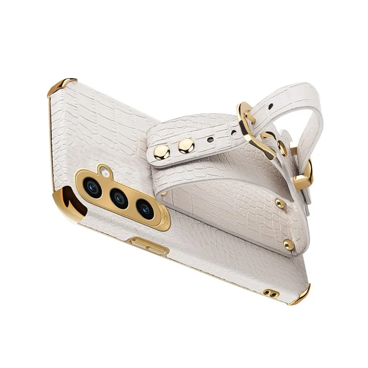For Samsung Galaxy S24 Cell Phone Case Wristband Design 6D Electroplating Crocodile Texture Back Cover - Yellow