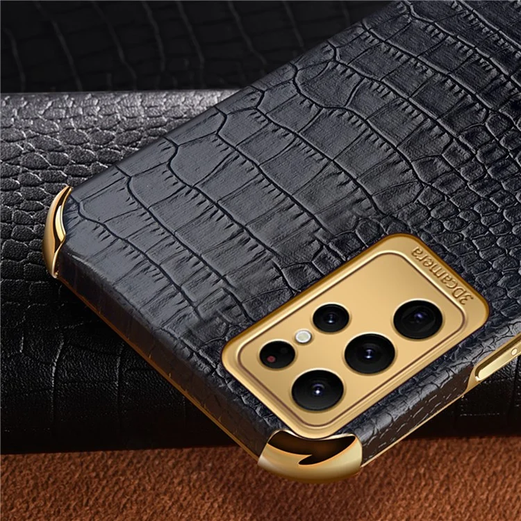 For Samsung Galaxy S24 Ultra Cell Phone Case Electroplated TPU+PU Crocodile Texture Back Cover - Black