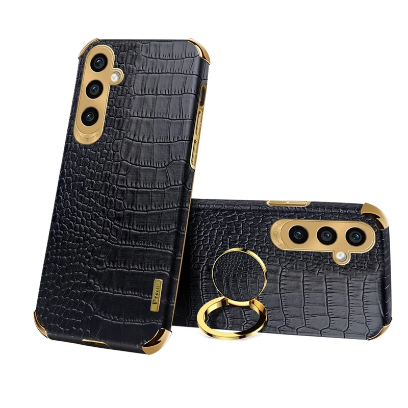 For Samsung Galaxy A05s 4G Cell Phone Case 6D Electroplating Ring Kickstand Leather+TPU Cover - Black