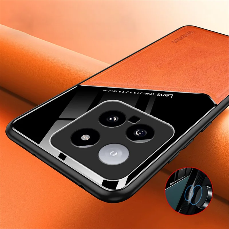 For Xiaomi 14 Cell Phone Case Anti-fall PU+TPU+PC Magnetic Car Mount Back Cover - Orange