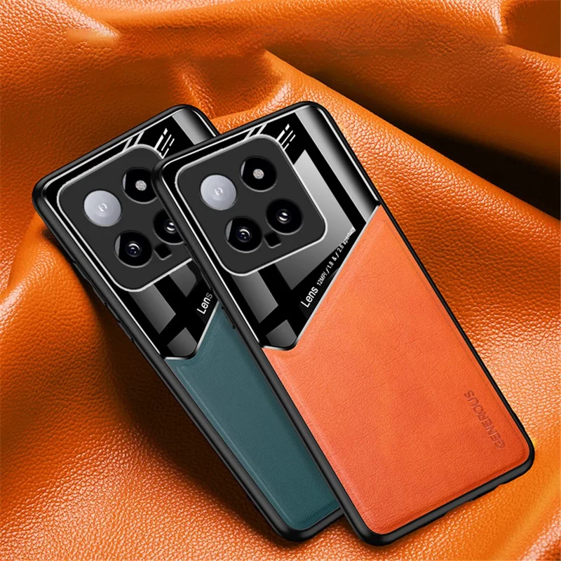 For Xiaomi 14 Cell Phone Case Anti-fall PU+TPU+PC Magnetic Car Mount Back Cover - Orange