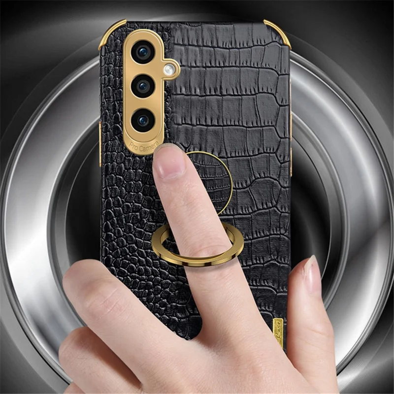 For Samsung Galaxy A15 4G / 5G Case Crocodile Texture Electroplated Phone Cover with Kickstand - Black
