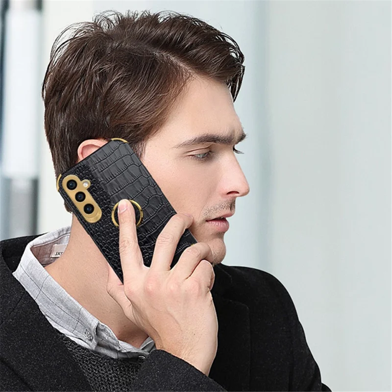For Samsung Galaxy A15 4G / 5G Case Crocodile Texture Electroplated Phone Cover with Kickstand - Black