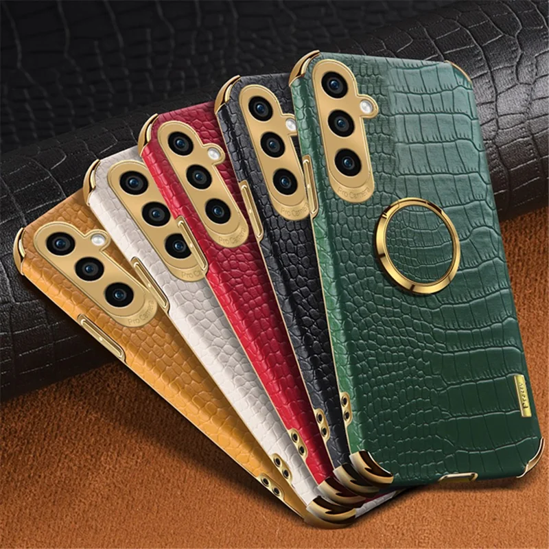 For Samsung Galaxy A15 4G / 5G Case Crocodile Texture Electroplated Phone Cover with Kickstand - Black
