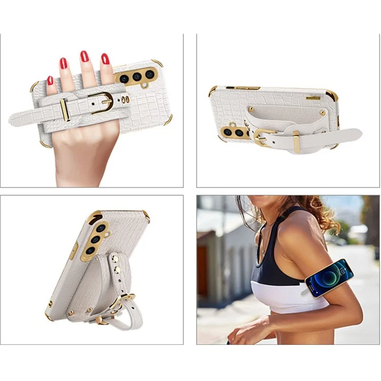Phone Case for Samsung Galaxy A35 5G Crocodile Texture Wristband Electroplating Cover - White