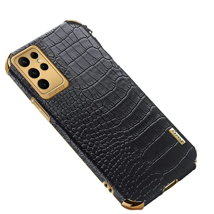 Pour Samsung Galaxy S22 Ultra 5G Étui de téléphone portable avec texture crocodile 6D Couverture de téléphone portable électroplaquée - Noir