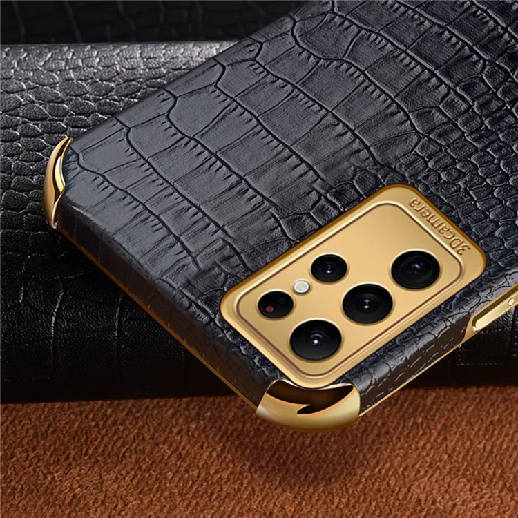 Pour Samsung Galaxy S22 Ultra 5G Étui de téléphone portable avec texture crocodile 6D Couverture de téléphone portable électroplaquée - Noir