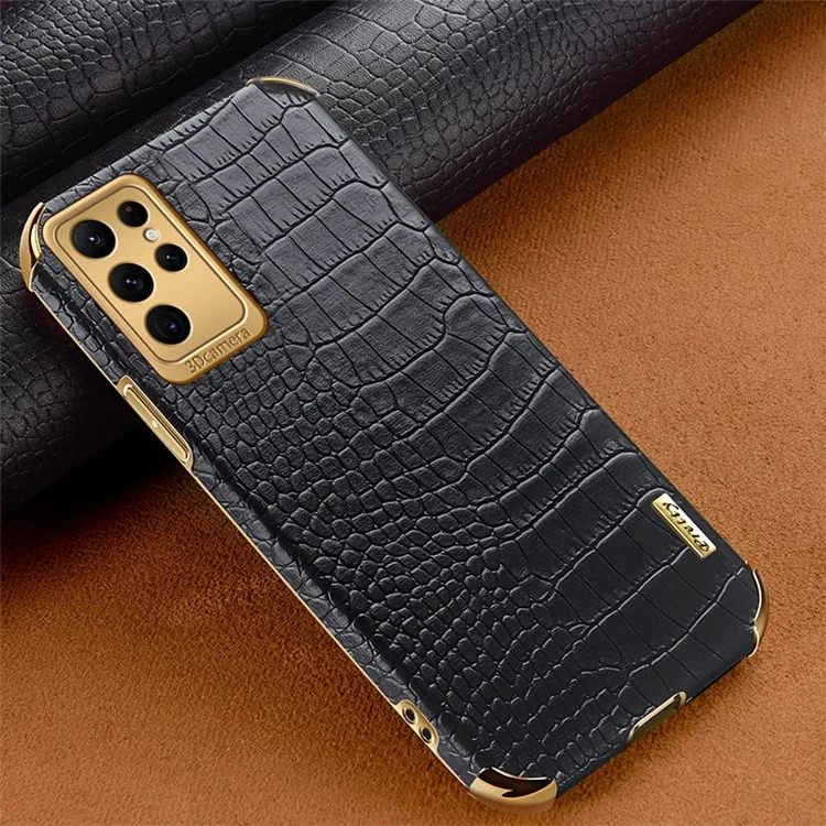 Pour Samsung Galaxy S22 Ultra 5G Étui de téléphone portable avec texture crocodile 6D Couverture de téléphone portable électroplaquée - Noir