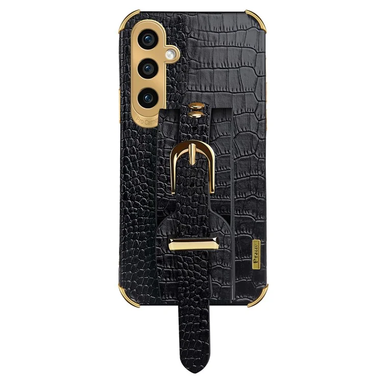 Phone Case for Samsung Galaxy A25 5G (Global) (161.0 x 76.5 x 8.3mm) Crocodile Texture Cover with Wristband Design - Black