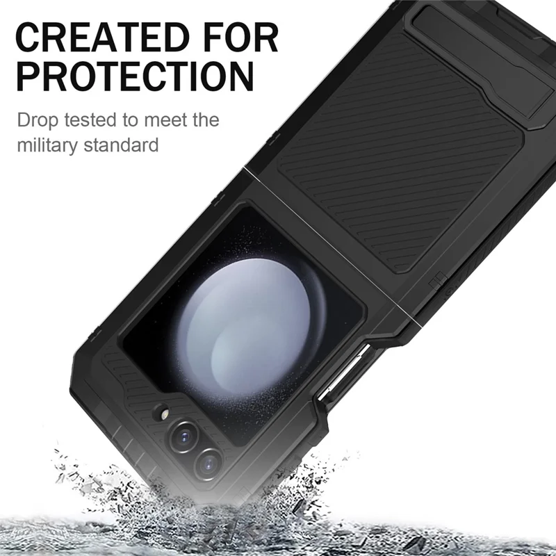 For Samsung Galaxy Z Flip5 5G Shockproof Case Aluminium Alloy + Silicone Kickstand Phone Cover - Black