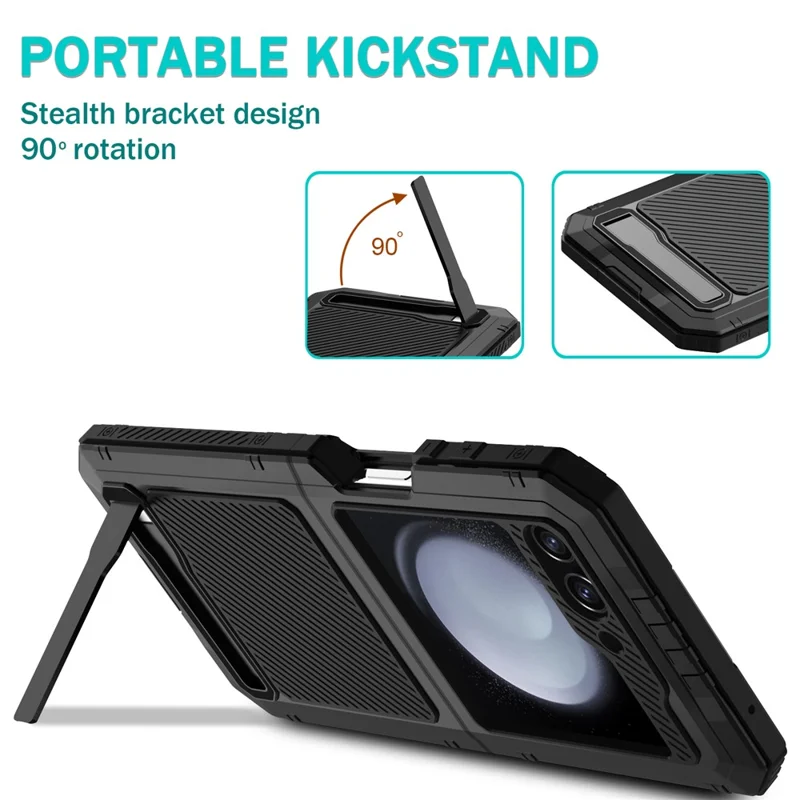 For Samsung Galaxy Z Flip5 5G Shockproof Case Aluminium Alloy + Silicone Kickstand Phone Cover - Black