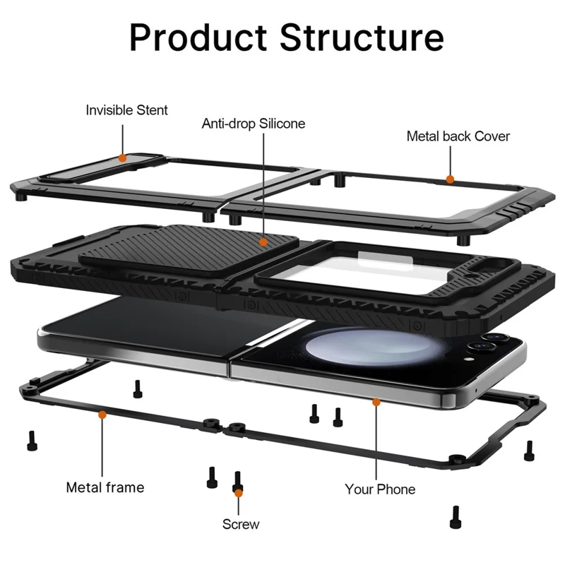 For Samsung Galaxy Z Flip5 5G Shockproof Case Aluminium Alloy + Silicone Kickstand Phone Cover - Black