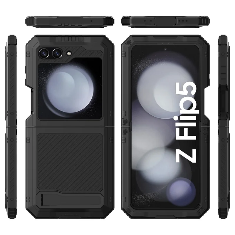 For Samsung Galaxy Z Flip5 5G Shockproof Case Aluminium Alloy + Silicone Kickstand Phone Cover - Black