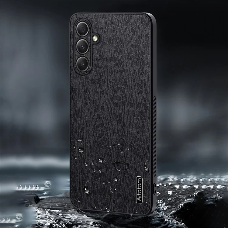 Para Samsung Galaxy A35 5G Funda Resistente a Arañazos Grano de Madera PU+PC+TPU Carcasa Posterior del Teléfono - Negro